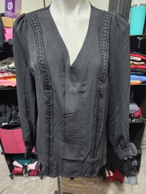 Black Lace-Trim V-Neck Women's Blouse